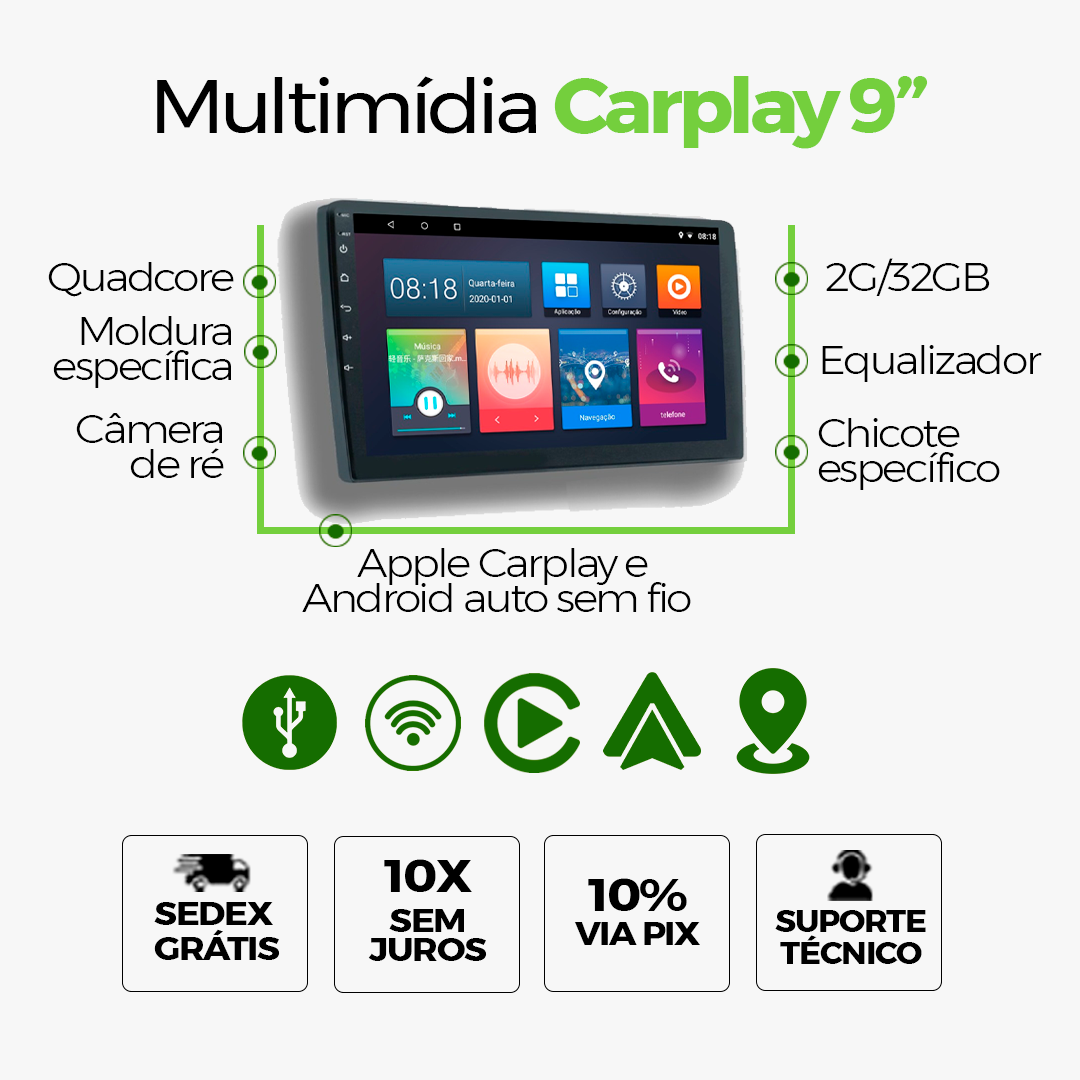 Multimídia Gol Parati G4 2005 06 07 08 09 V2 Carplay 9"-V2 CAR AUDIO-Kitssom